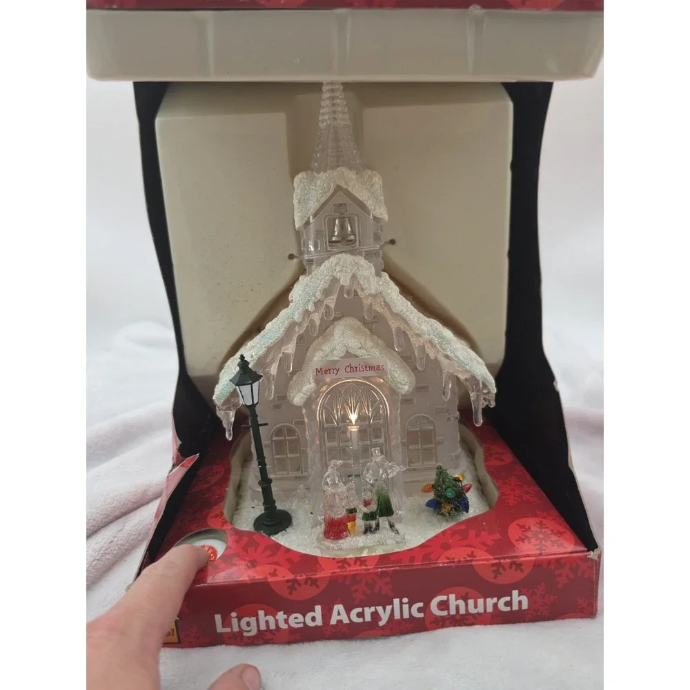 Vtg Nos Christmas Lighted Church Chapel Heavy Clear Glass Snowy Plug In 12.